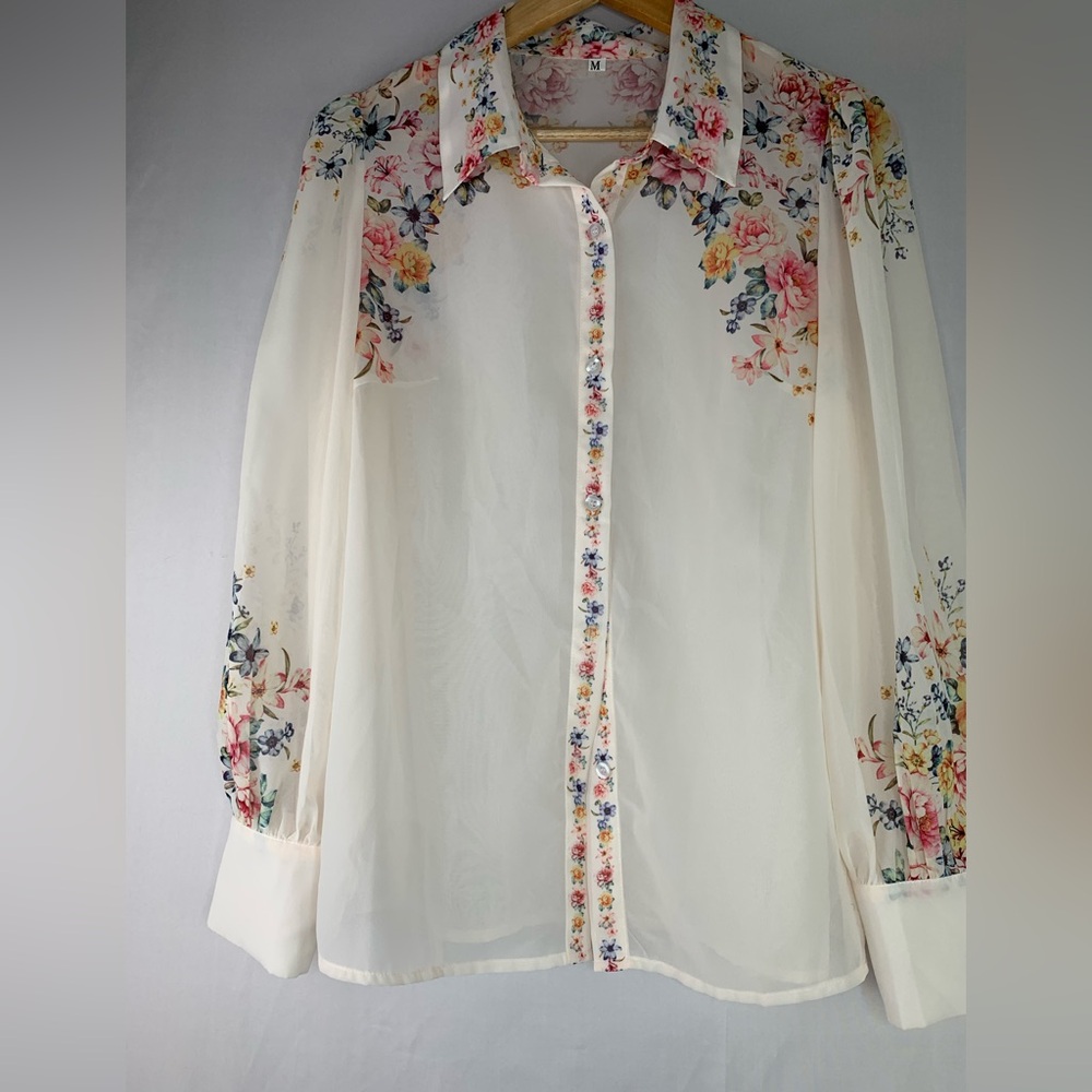 Pre- Owned Floral Sheer Blouse - Cream - Picture 2 of 8